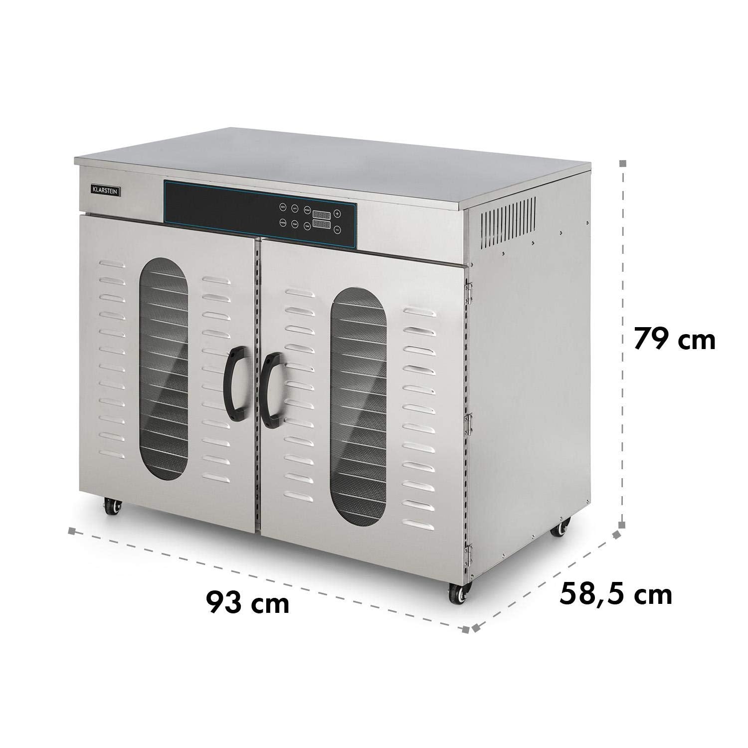 Klarstein Dörrautomat Edelstahl – 4.000-W-Dörrgerät, 48 Edelstahl-Einlegeböden, 30–90 °C, 24-Stunden-Timer, 6 Ventilatoren, 2 Trockenkammern, 50–55 dB, ideal für Obst, Gemüse, Fleisch, Kräuter, Silber