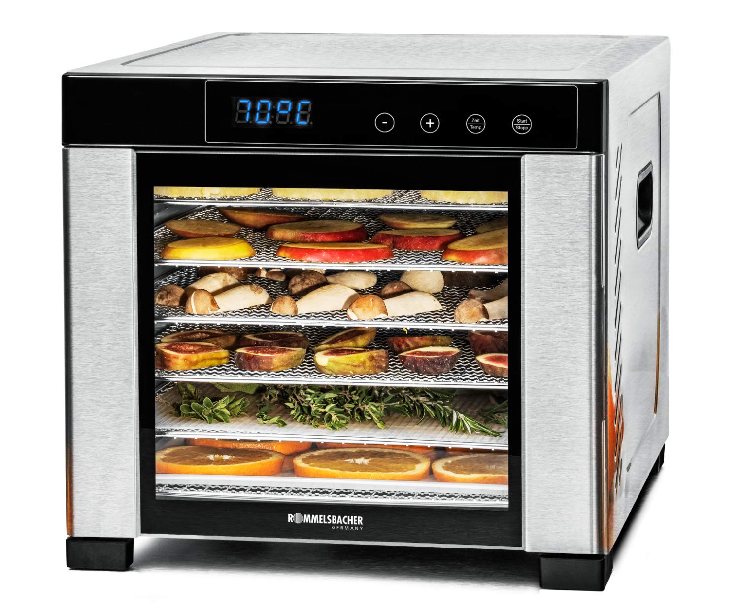 ROMMELSBACHER Dörrautomat DA 1000, XXL-Dörrfläche 1,6 m², inkl. 10 Edelstahl-Dörrtabletts, 2 Dörrgitter, 2 Dörrmatten, LED-Display, 24 Std. Zeitschaltuhr, Temperatur einstellbar (35 °C – 75 °C)